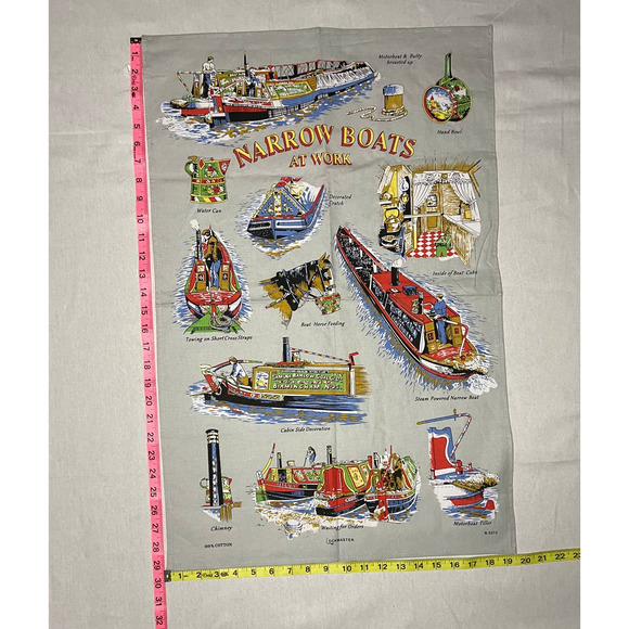 Tea Towel Narrow Boats at Work 100% Cotton Printed 29" X 20" Vibrant Colors - Picture 3 of 9
